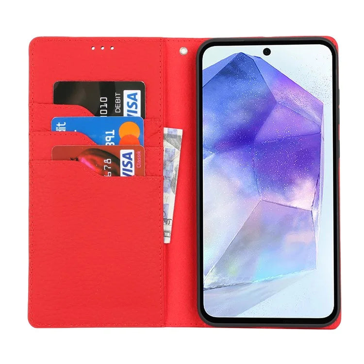 For Samsung Galaxy A55 5G Wallet Case Genuine Cow Leather Phone Cover Litchi Texture