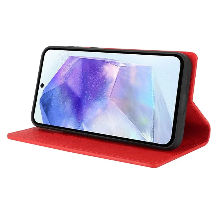 For Samsung Galaxy A55 5G Wallet Case Genuine Cow Leather Phone Cover Litchi Texture