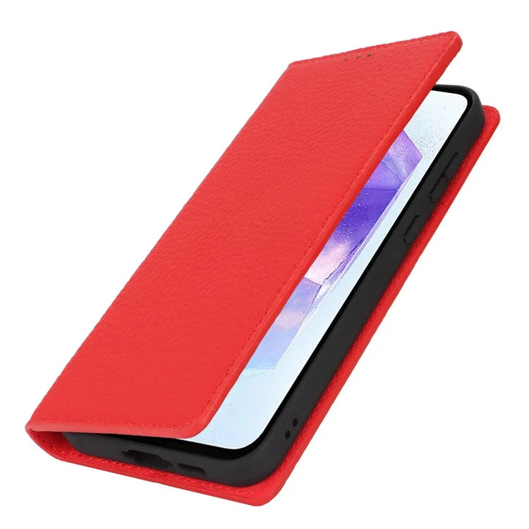 For Samsung Galaxy A55 5G Wallet Case Genuine Cow Leather Phone Cover Litchi Texture