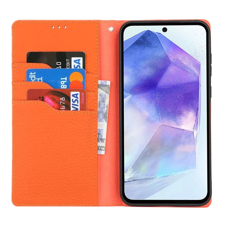For Samsung Galaxy A55 5G Wallet Case Genuine Cow Leather Phone Cover Litchi Texture