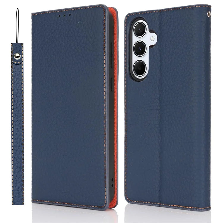 For Samsung Galaxy A55 5G Wallet Case Genuine Cow Leather Phone Cover Litchi Texture