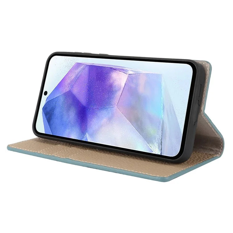 For Samsung Galaxy A55 5G Wallet Case Genuine Cow Leather Phone Cover Litchi Texture