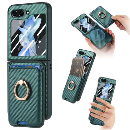 For Samsung Galaxy Z Flip5 5G Case Ring Holder Card Bag Leather+PC Phone Cover with Rear Screen Film