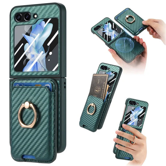 For Samsung Galaxy Z Flip5 5G Case Ring Holder Card Bag Leather+PC Phone Cover with Rear Screen Film