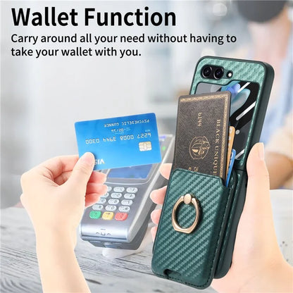 For Samsung Galaxy Z Flip5 5G Case Ring Holder Card Bag Leather+PC Phone Cover with Rear Screen Film