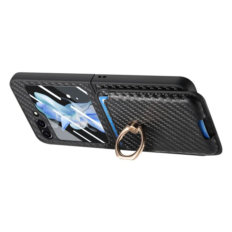 For Samsung Galaxy Z Flip5 5G Case Ring Holder Card Bag Leather+PC Phone Cover with Rear Screen Film