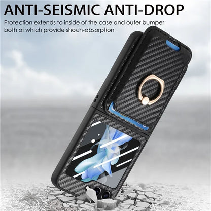 For Samsung Galaxy Z Flip5 5G Case Ring Holder Card Bag Leather+PC Phone Cover with Rear Screen Film