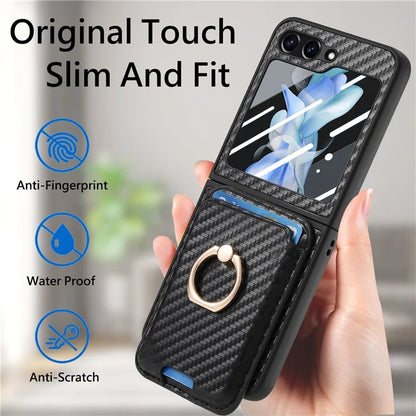 For Samsung Galaxy Z Flip5 5G Case Ring Holder Card Bag Leather+PC Phone Cover with Rear Screen Film