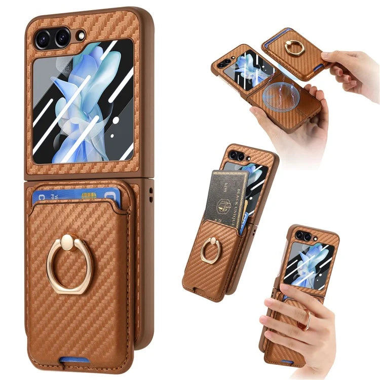 For Samsung Galaxy Z Flip5 5G Case Ring Holder Card Bag Leather+PC Phone Cover with Rear Screen Film