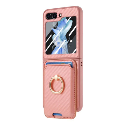 For Samsung Galaxy Z Flip5 5G Case Ring Holder Card Bag Leather+PC Phone Cover with Rear Screen Film