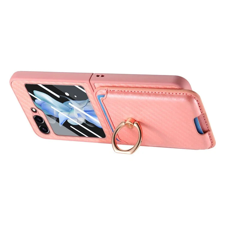 For Samsung Galaxy Z Flip5 5G Case Ring Holder Card Bag Leather+PC Phone Cover with Rear Screen Film