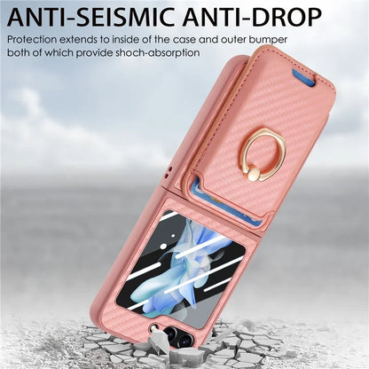 For Samsung Galaxy Z Flip5 5G Case Ring Holder Card Bag Leather+PC Phone Cover with Rear Screen Film