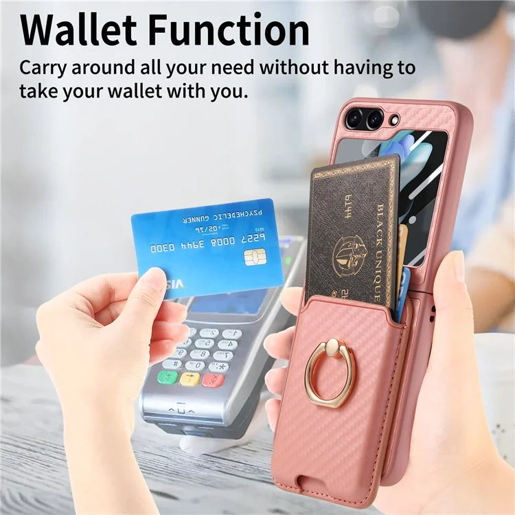 For Samsung Galaxy Z Flip5 5G Case Ring Holder Card Bag Leather+PC Phone Cover with Rear Screen Film