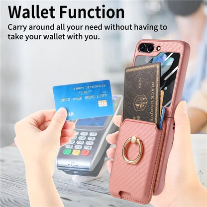 For Samsung Galaxy Z Flip5 5G Case Ring Holder Card Bag Leather+PC Phone Cover with Rear Screen Film