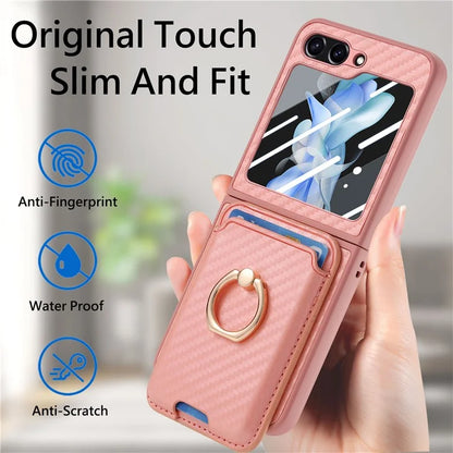 For Samsung Galaxy Z Flip5 5G Case Ring Holder Card Bag Leather+PC Phone Cover with Rear Screen Film