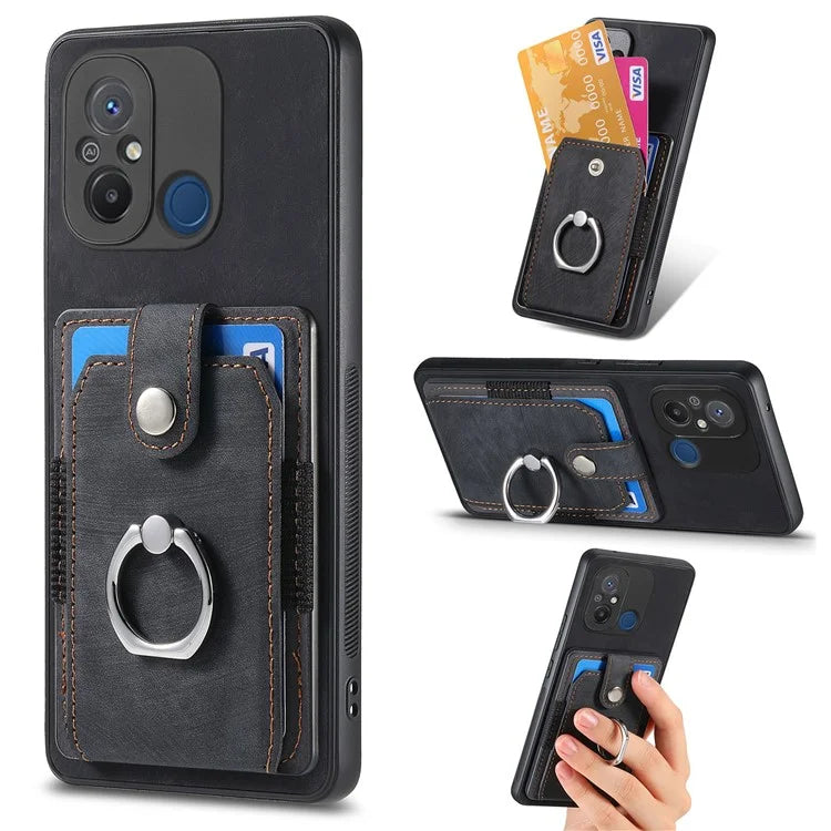 D2 for Xiaomi Redmi 12C 4G Case Card Slots Retro Leather Back Cover Ring Kickstand