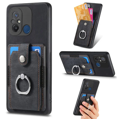 D2 for Xiaomi Redmi 12C 4G Case Card Slots Retro Leather Back Cover Ring Kickstand