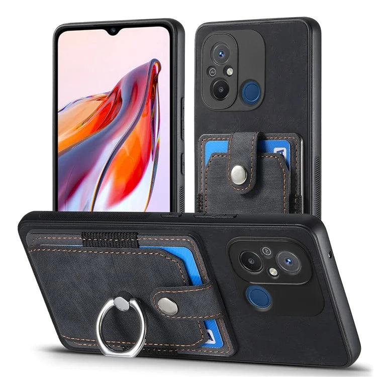 D2 for Xiaomi Redmi 12C 4G Case Card Slots Retro Leather Back Cover Ring Kickstand