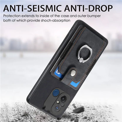 D2 for Xiaomi Redmi 12C 4G Case Card Slots Retro Leather Back Cover Ring Kickstand