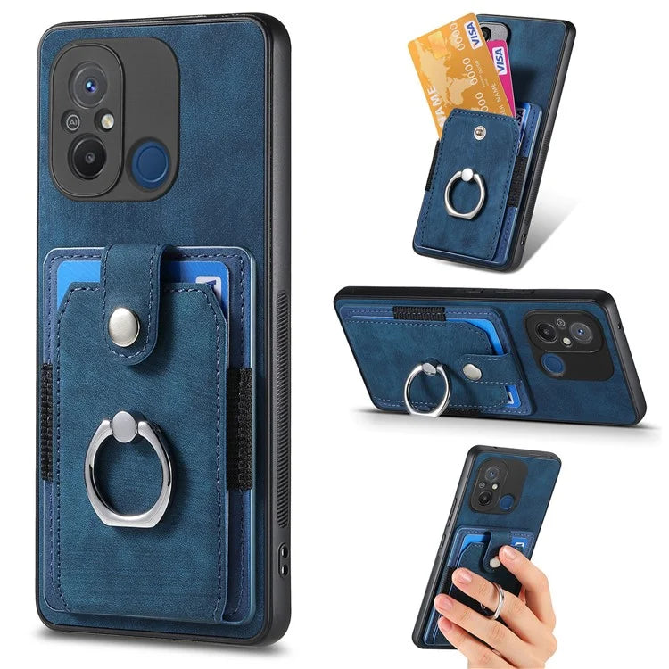 D2 for Xiaomi Redmi 12C 4G Case Card Slots Retro Leather Back Cover Ring Kickstand