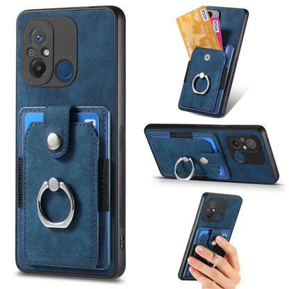 D2 for Xiaomi Redmi 12C 4G Case Card Slots Retro Leather Back Cover Ring Kickstand