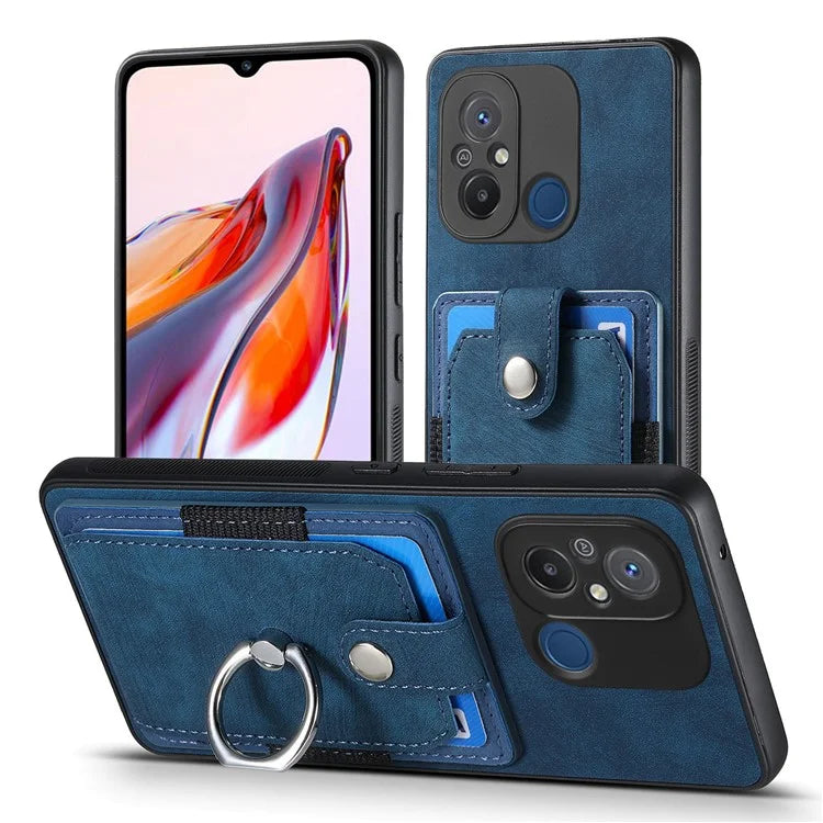 D2 for Xiaomi Redmi 12C 4G Case Card Slots Retro Leather Back Cover Ring Kickstand