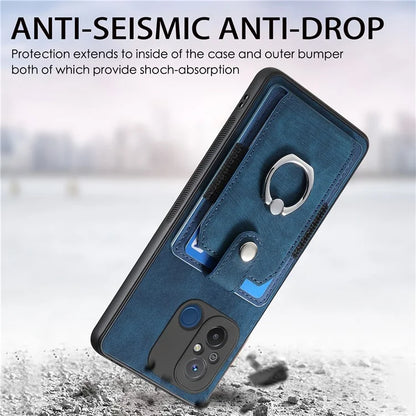 D2 for Xiaomi Redmi 12C 4G Case Card Slots Retro Leather Back Cover Ring Kickstand