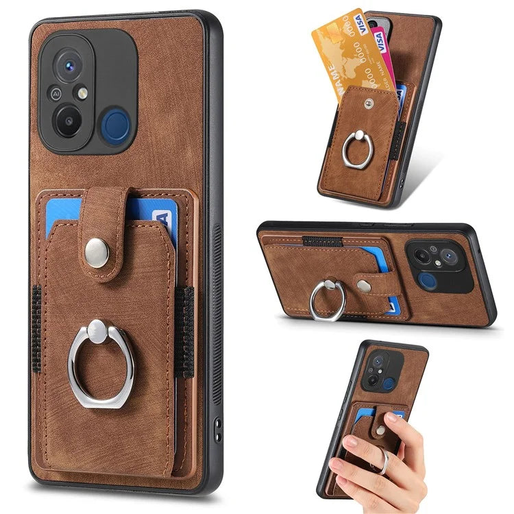D2 for Xiaomi Redmi 12C 4G Case Card Slots Retro Leather Back Cover Ring Kickstand