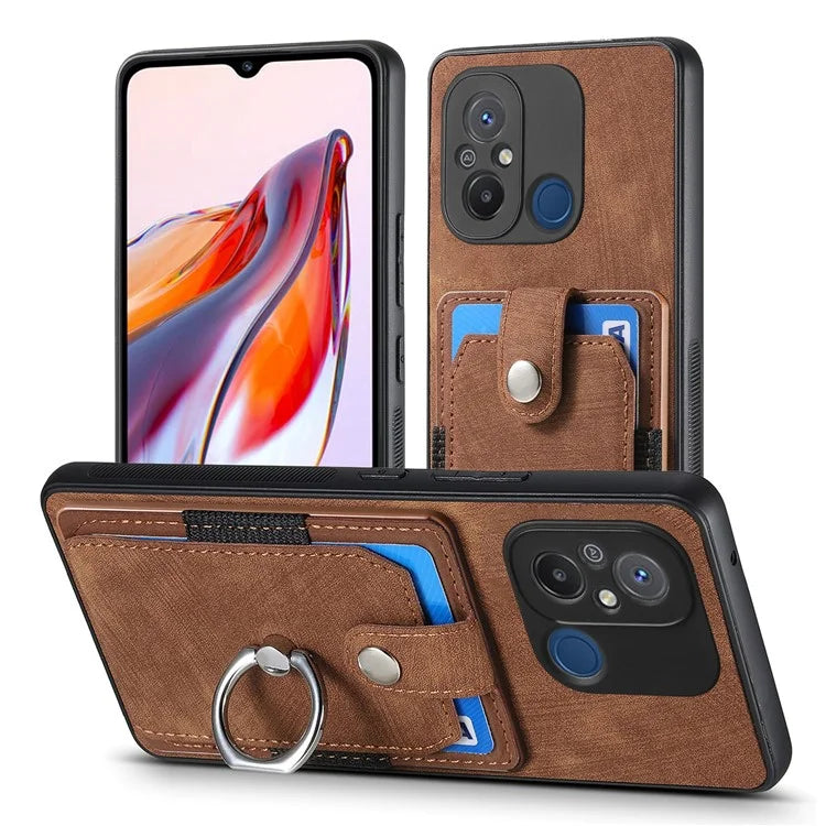 D2 for Xiaomi Redmi 12C 4G Case Card Slots Retro Leather Back Cover Ring Kickstand
