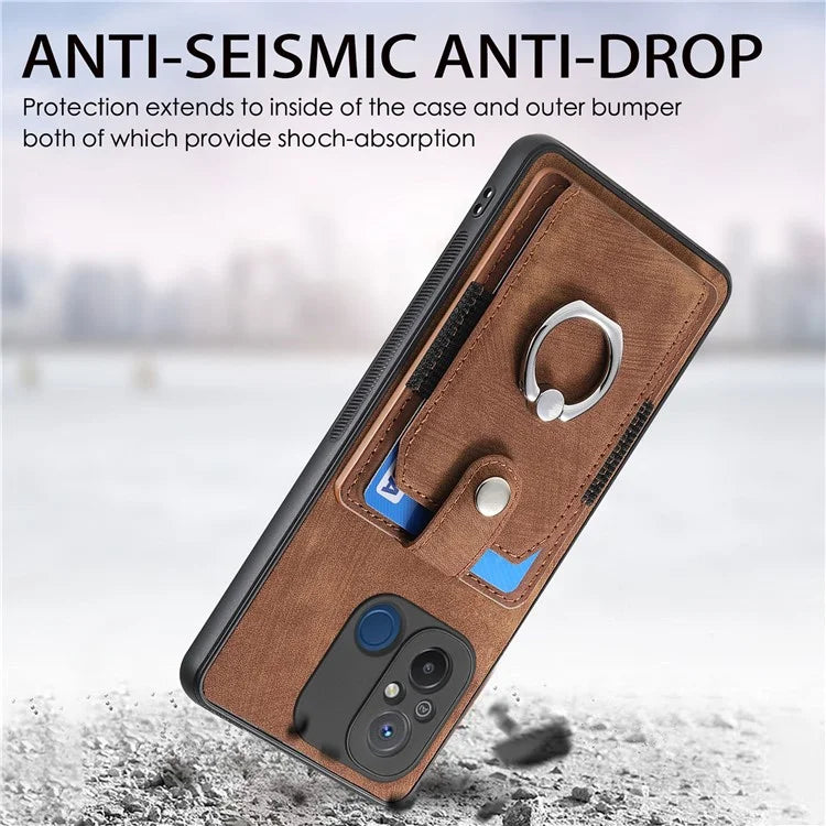 D2 for Xiaomi Redmi 12C 4G Case Card Slots Retro Leather Back Cover Ring Kickstand