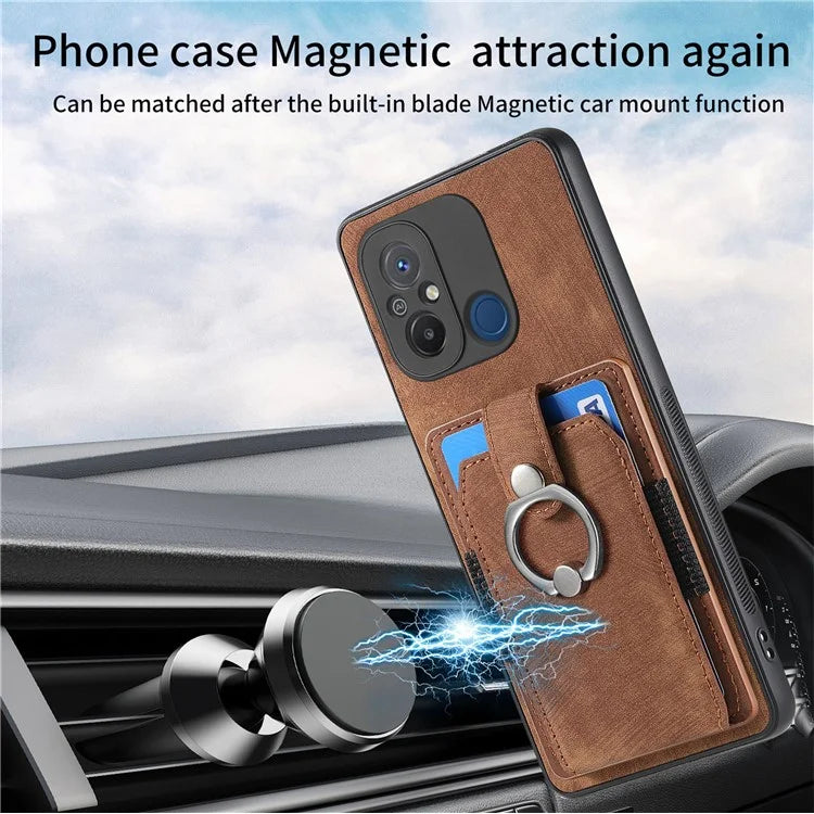 D2 for Xiaomi Redmi 12C 4G Case Card Slots Retro Leather Back Cover Ring Kickstand