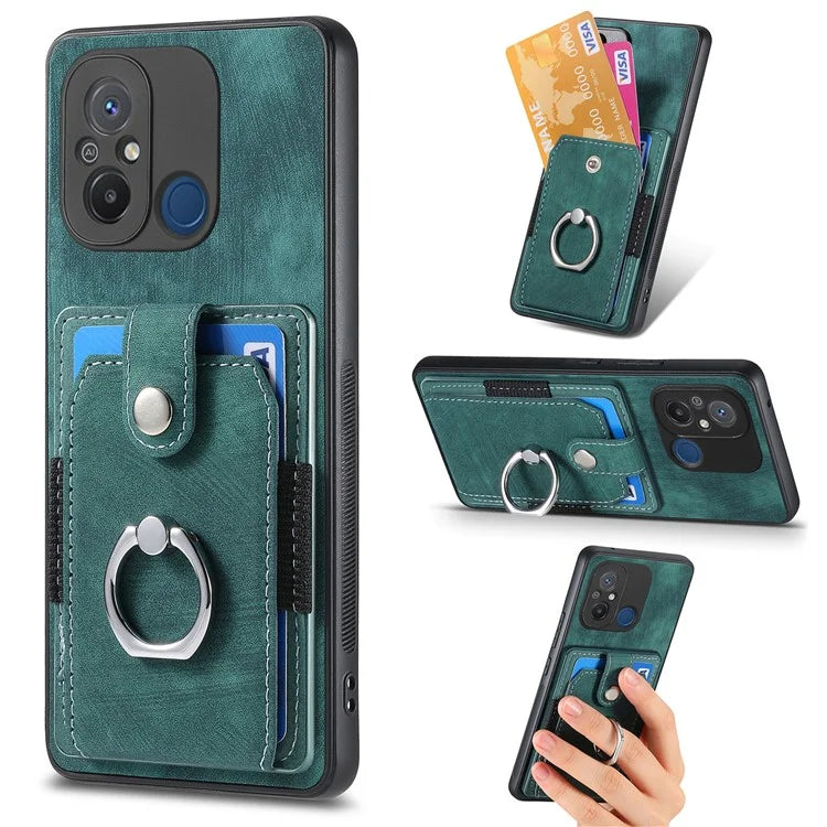 D2 for Xiaomi Redmi 12C 4G Case Card Slots Retro Leather Back Cover Ring Kickstand