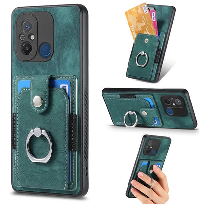 D2 for Xiaomi Redmi 12C 4G Case Card Slots Retro Leather Back Cover Ring Kickstand