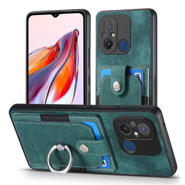 D2 for Xiaomi Redmi 12C 4G Case Card Slots Retro Leather Back Cover Ring Kickstand