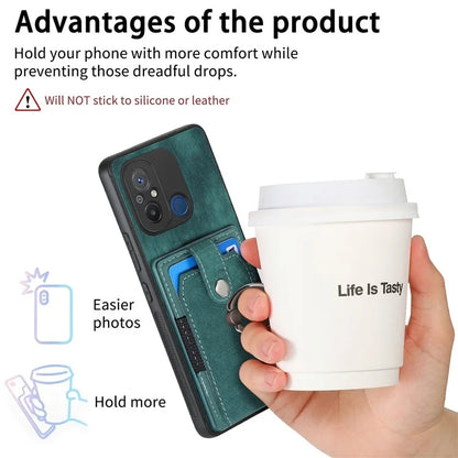 D2 for Xiaomi Redmi 12C 4G Case Card Slots Retro Leather Back Cover Ring Kickstand
