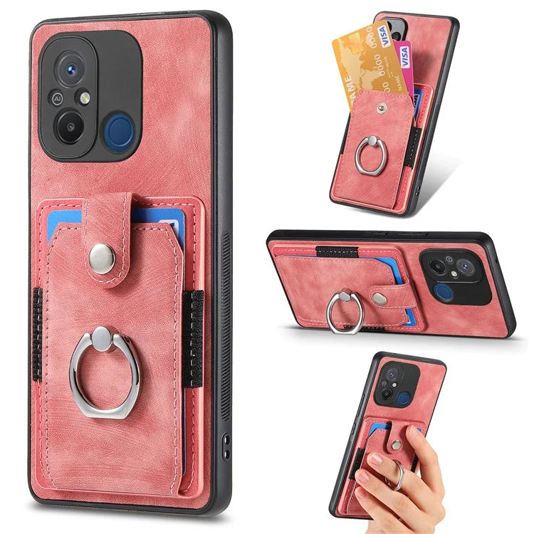 D2 for Xiaomi Redmi 12C 4G Case Card Slots Retro Leather Back Cover Ring Kickstand