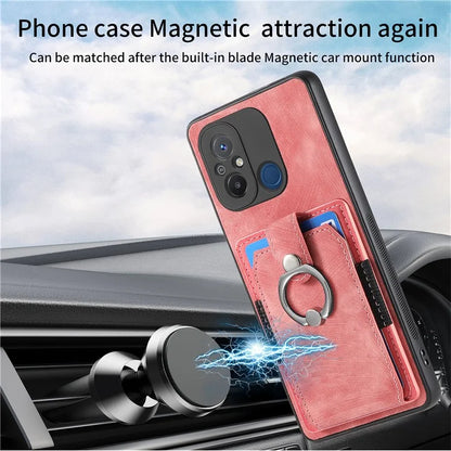 D2 for Xiaomi Redmi 12C 4G Case Card Slots Retro Leather Back Cover Ring Kickstand