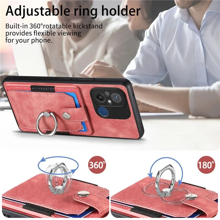 D2 for Xiaomi Redmi 12C 4G Case Card Slots Retro Leather Back Cover Ring Kickstand