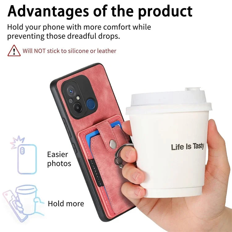D2 for Xiaomi Redmi 12C 4G Case Card Slots Retro Leather Back Cover Ring Kickstand