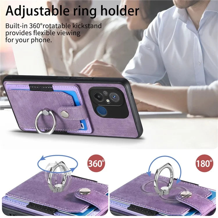 D2 for Xiaomi Redmi 12C 4G Case Card Slots Retro Leather Back Cover Ring Kickstand