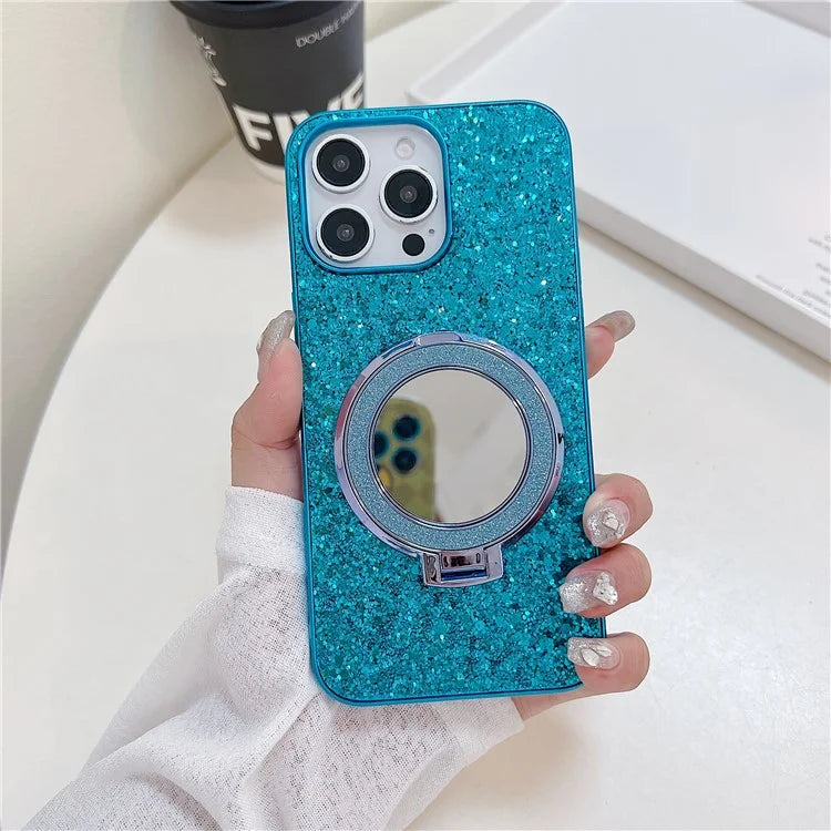 For iPhone 15 Pro Max Case TPU+PC Kickstand Phone Cover with Mirror