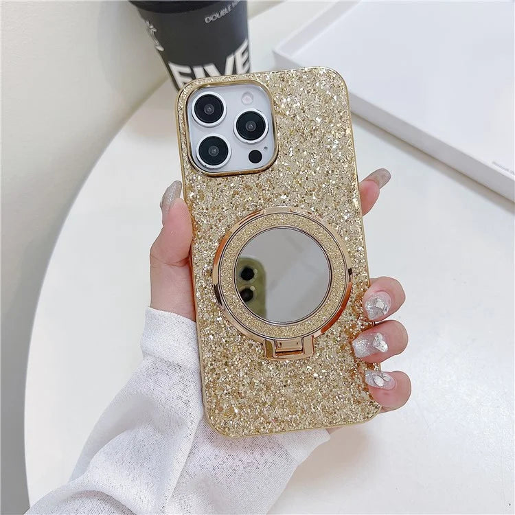 For iPhone 15 Pro Max Case TPU+PC Kickstand Phone Cover with Mirror