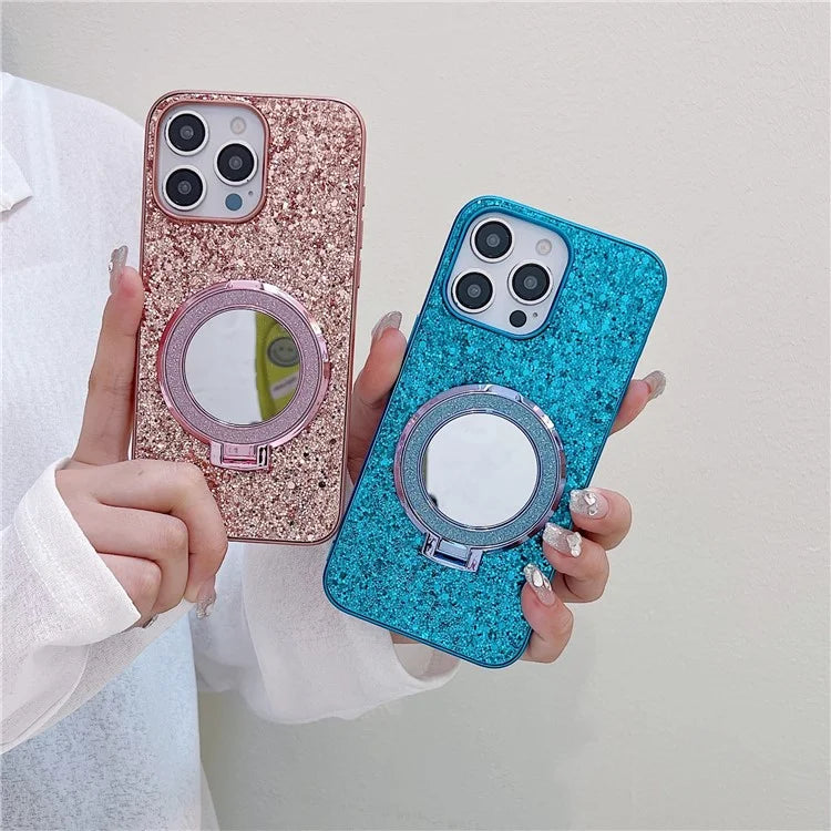 For iPhone 15 Pro Case Kickstand TPU+PC Phone Cover with Mirror