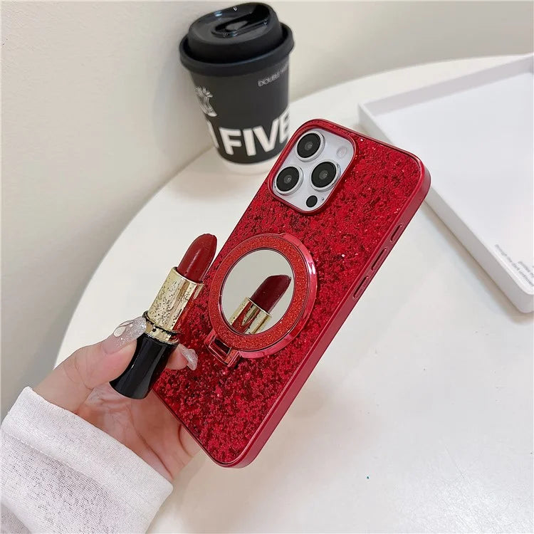 For iPhone 15 Pro Case Kickstand TPU+PC Phone Cover with Mirror