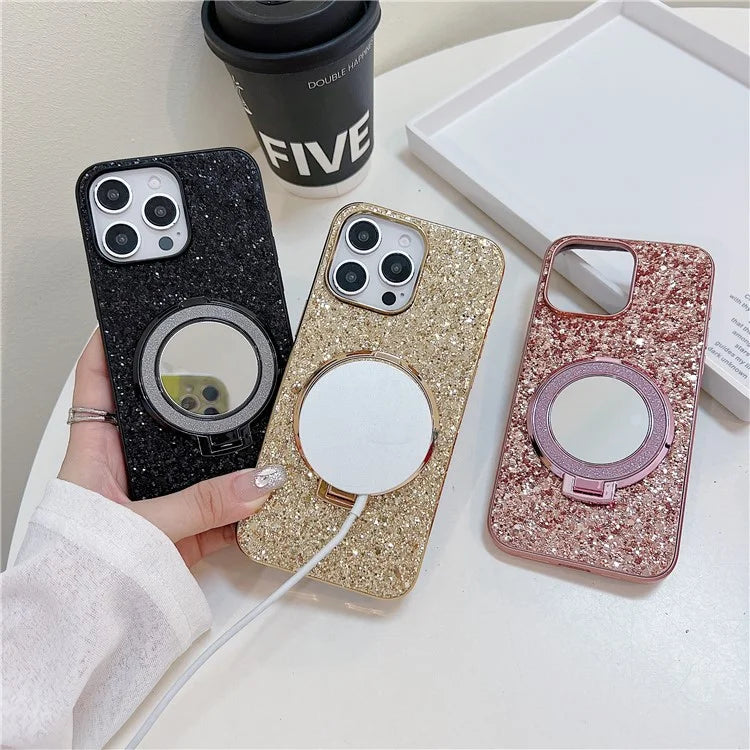 For iPhone 15 Pro Case Kickstand TPU+PC Phone Cover with Mirror