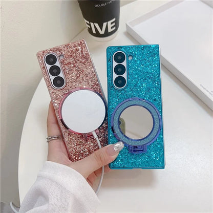 For Samsung Galaxy Z Fold6 5G Case Compatible MagSafe TPU+PC Kickstand Phone Cover with Mirror