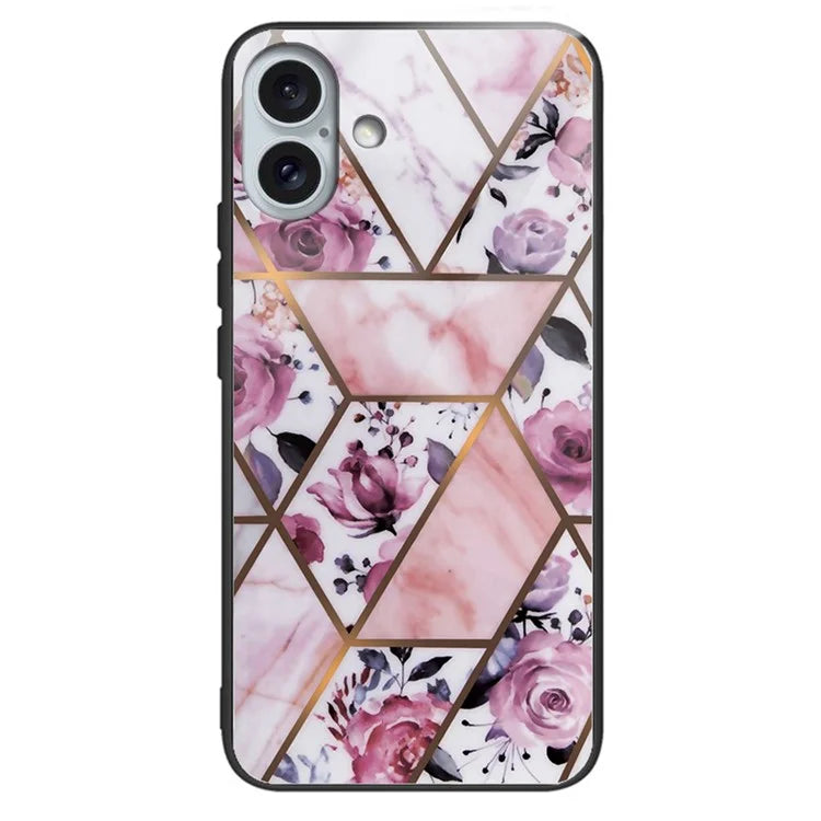 For iPhone 16 Plus Case Marble Pattern Tempered Glass+TPU Phone Cover
