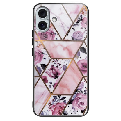 For iPhone 16 Plus Case Marble Pattern Tempered Glass+TPU Phone Cover