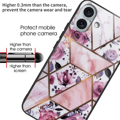 For iPhone 16 Plus Case Marble Pattern Tempered Glass+TPU Phone Cover
