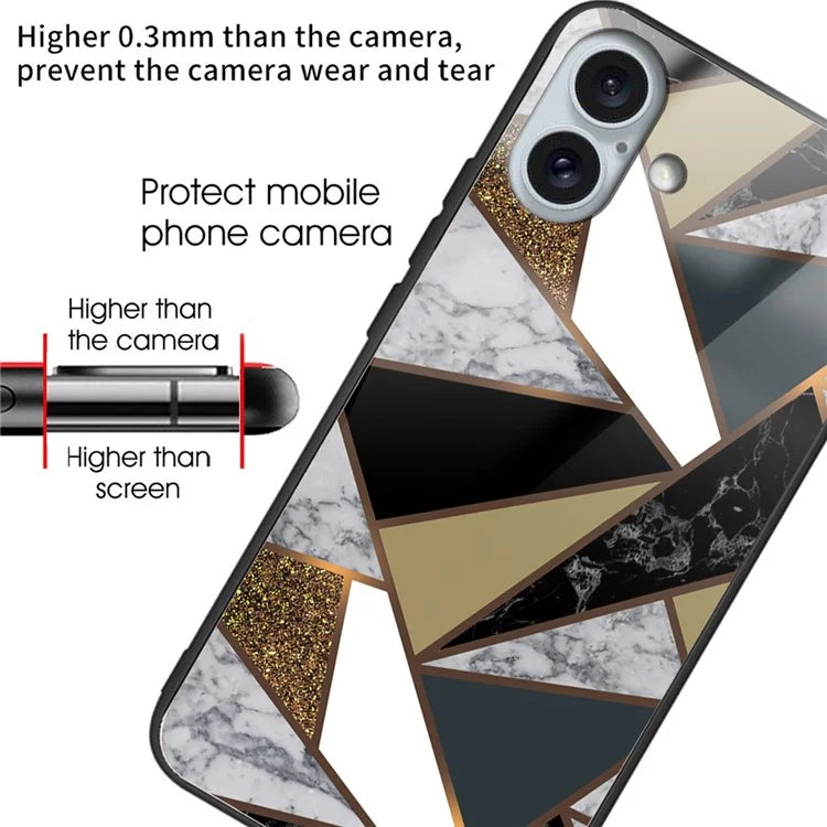 For iPhone 16 Plus Case Marble Pattern Tempered Glass+TPU Phone Cover